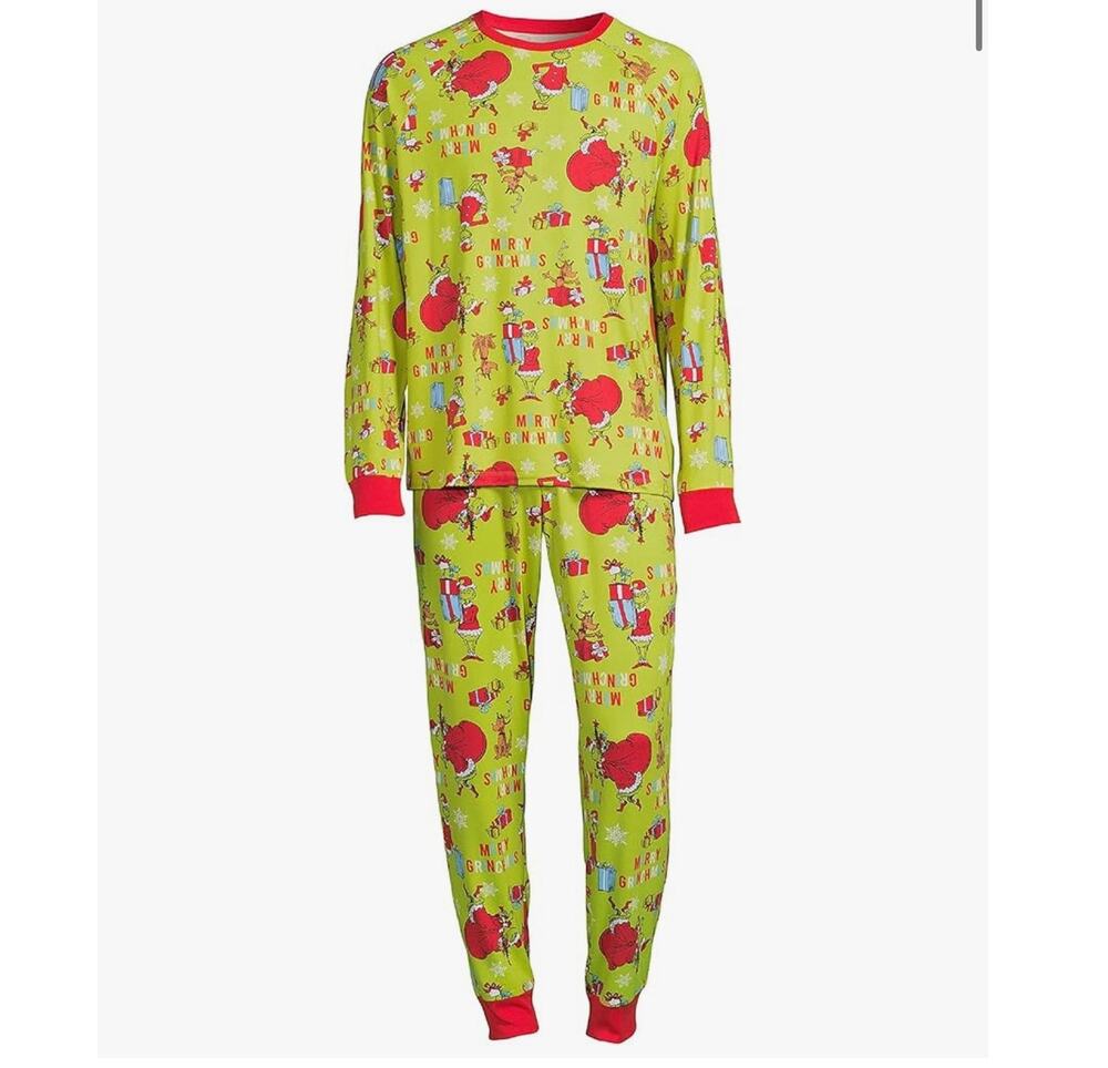 Dr. Seuss Men’s M (38–40) Merry Grinchmas Matching Pajama Set Knit · Green Red